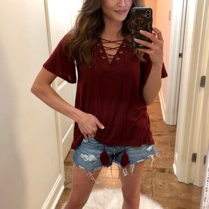 Maroon Lace-Up Top